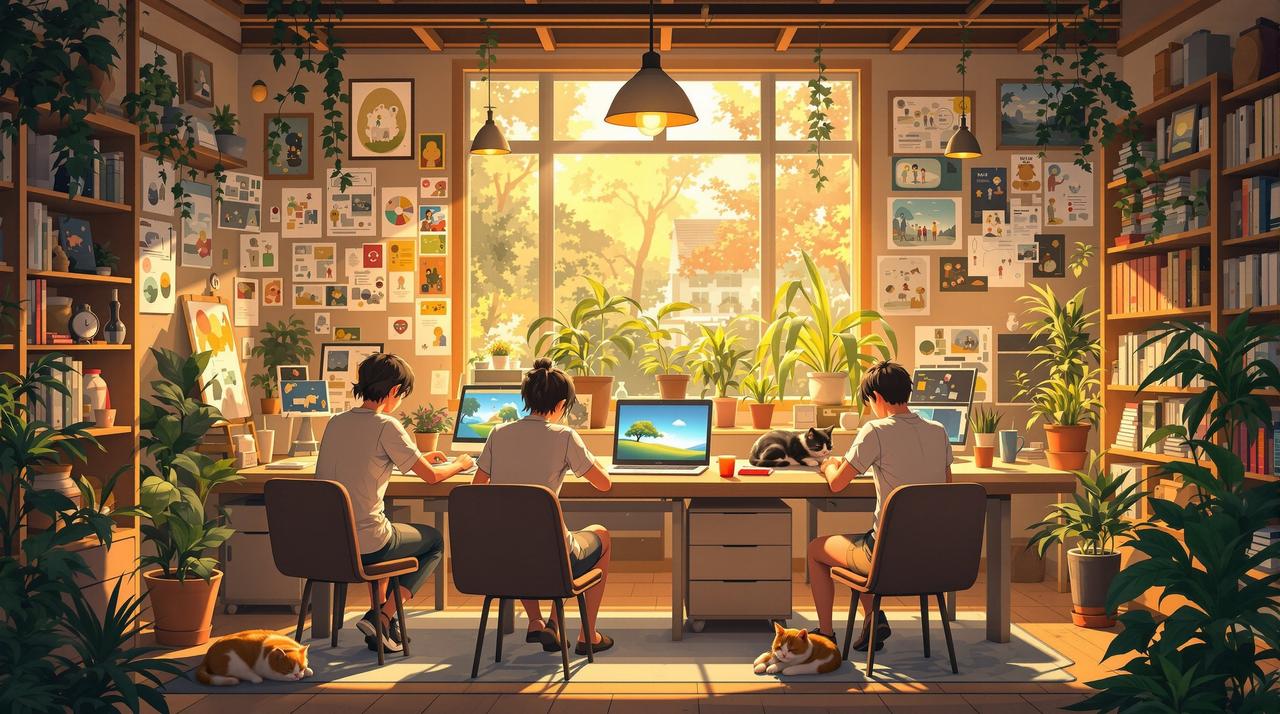 歪歪漫画网团队在温暖的工作室中共同创作，用热爱传递每一帧感动